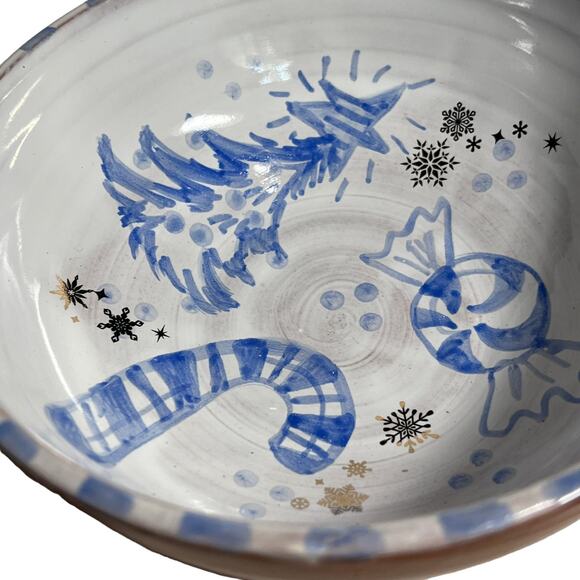 Blue & White Christmas Pottery Bowl with a Candy Cane, Peppermint, and Tree - Picture 4 of 10